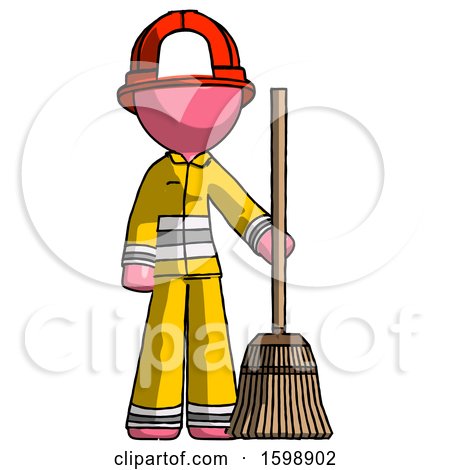 Pink Firefighter Fireman Man Standing with Broom Cleaning Services by Leo Blanchette