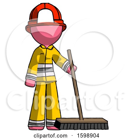 Pink Firefighter Fireman Man Standing with Industrial Broom by Leo Blanchette