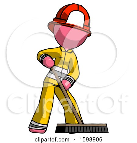 Pink Firefighter Fireman Man Cleaning Services Janitor Sweeping Floor with Push Broom by Leo Blanchette