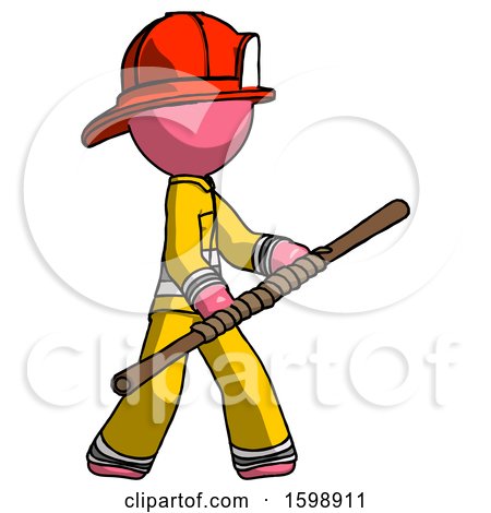 Pink Firefighter Fireman Man Holding Bo Staff in Sideways Defense Pose by Leo Blanchette