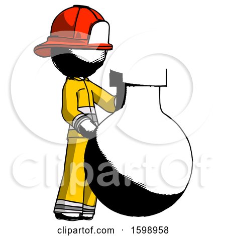 Ink Firefighter Fireman Man Standing Beside Large Round Flask or Beaker by Leo Blanchette