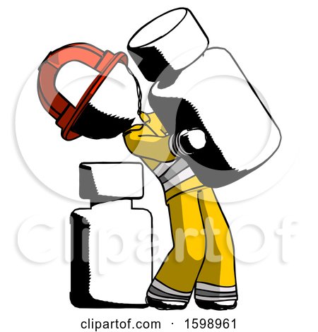 Ink Firefighter Fireman Man Holding Large White Medicine Bottle with Bottle in Background by Leo Blanchette