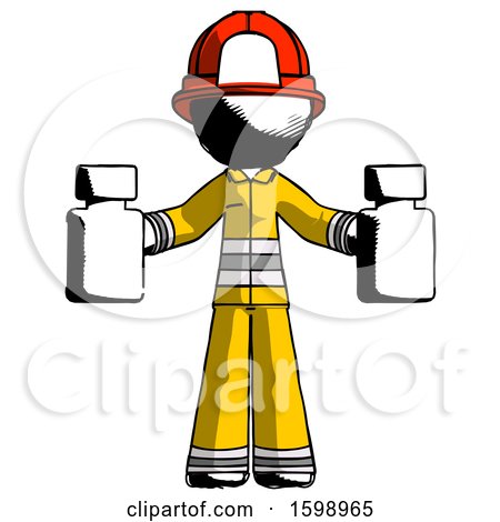 Ink Firefighter Fireman Man Holding Two Medicine Bottles by Leo Blanchette