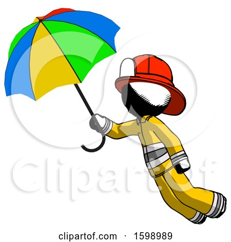 Ink Firefighter Fireman Man Flying with Rainbow Colored Umbrella by Leo Blanchette