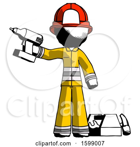 Ink Firefighter Fireman Man Holding Drill Ready to Work, Toolchest and Tools to Right by Leo Blanchette