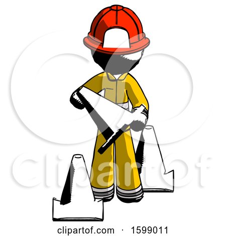 Ink Firefighter Fireman Man Holding a Traffic Cone by Leo Blanchette