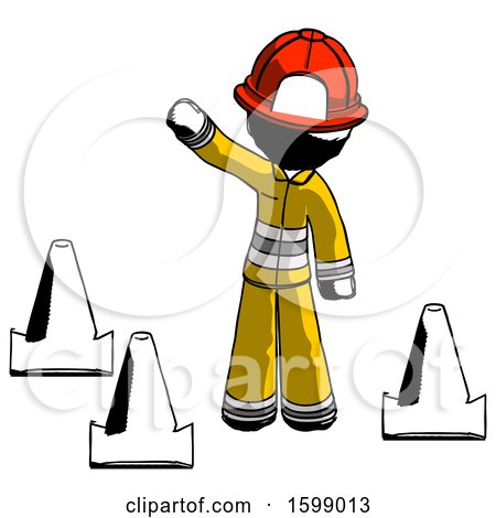 Ink Firefighter Fireman Man Standing by Traffic Cones Waving by Leo Blanchette