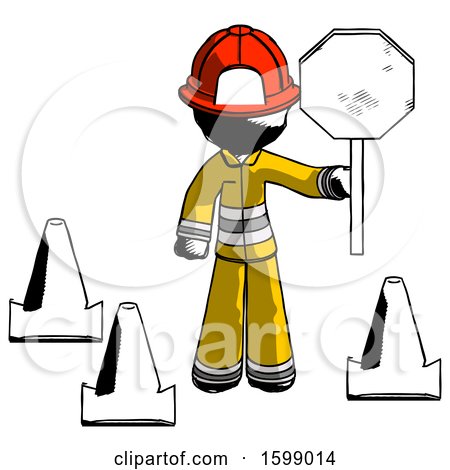 Ink Firefighter Fireman Man Holding Stop Sign by Traffic Cones Under Construction Concept by Leo Blanchette