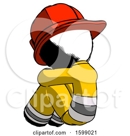 Ink Firefighter Fireman Man Sitting with Head down Back View Facing Left by Leo Blanchette