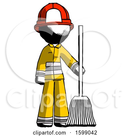 Ink Firefighter Fireman Man Standing with Broom Cleaning Services by Leo Blanchette
