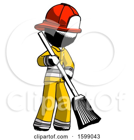 Ink Firefighter Fireman Man Sweeping Area with Broom by Leo Blanchette