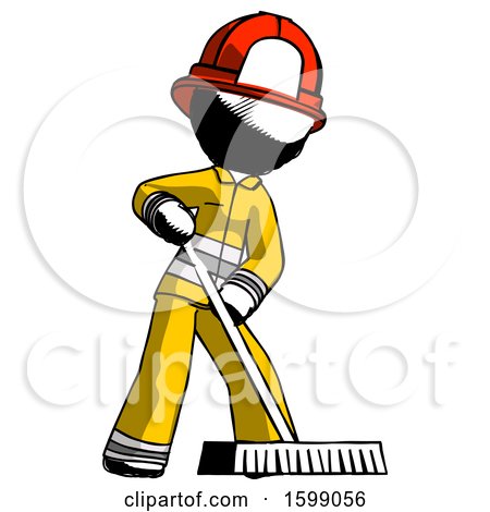 Ink Firefighter Fireman Man Cleaning Services Janitor Sweeping Floor with Push Broom by Leo Blanchette