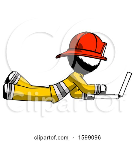 Ink Firefighter Fireman Man Using Laptop Computer While Lying on Floor Side View by Leo Blanchette