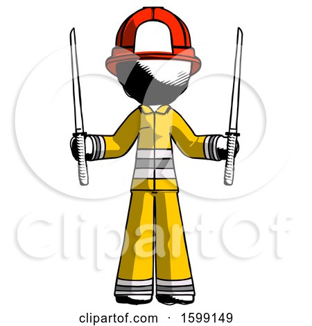 Ink Firefighter Fireman Man Posing with Two Ninja Sword Katanas up by Leo Blanchette