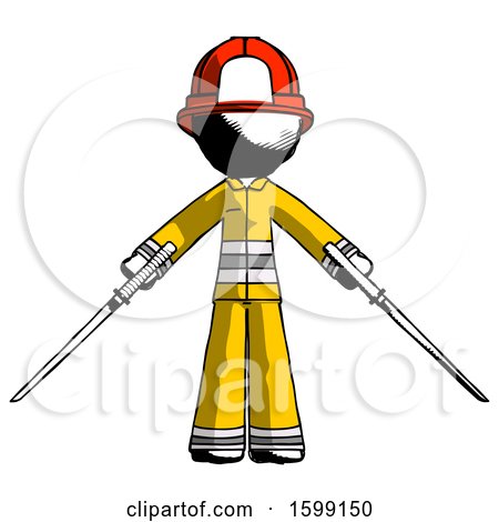 Ink Firefighter Fireman Man Posing with Two Ninja Sword Katanas by Leo Blanchette