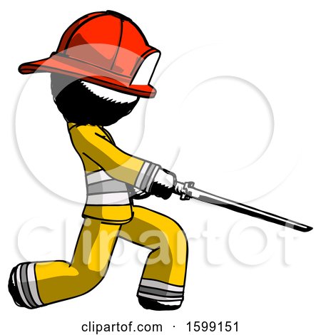 Ink Firefighter Fireman Man with Ninja Sword Katana Slicing or Striking Something by Leo Blanchette