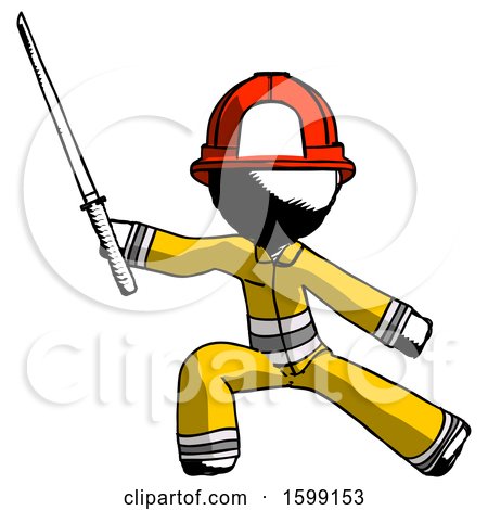 Ink Firefighter Fireman Man with Ninja Sword Katana in Defense Pose by Leo Blanchette