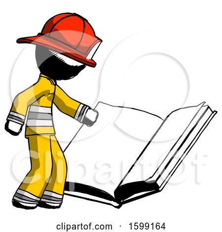 Ink Firefighter Fireman Man Reading Big Book While Standing Beside It by Leo Blanchette