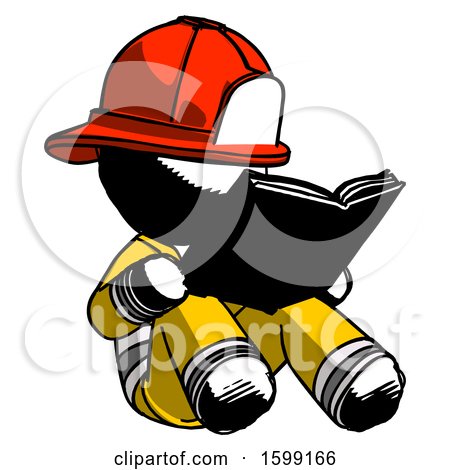 Ink Firefighter Fireman Man Reading Book While Sitting down by Leo Blanchette