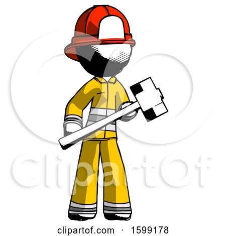 Ink Firefighter Fireman Man with Sledgehammer Standing Ready to Work or Defend by Leo Blanchette