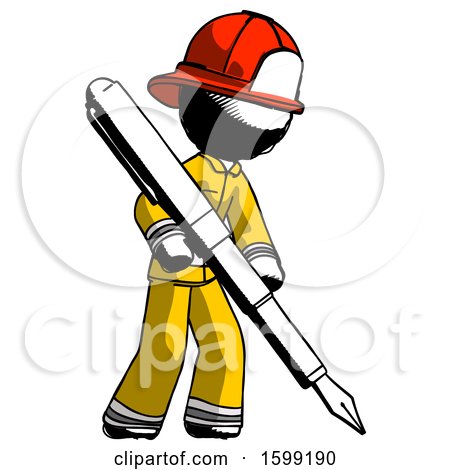 Ink Firefighter Fireman Man Drawing or Writing with Large Calligraphy Pen by Leo Blanchette