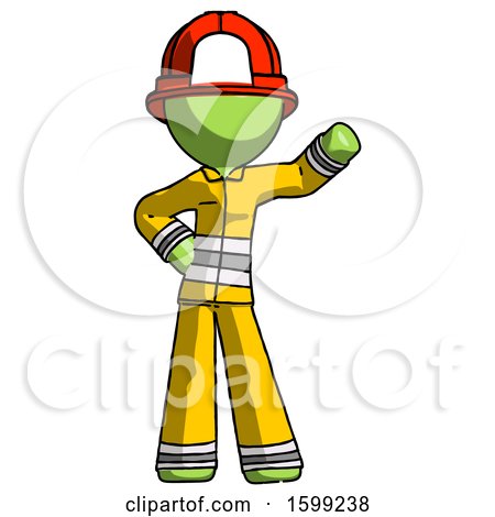 Green Firefighter Fireman Man Waving Left Arm with Hand on Hip by Leo Blanchette