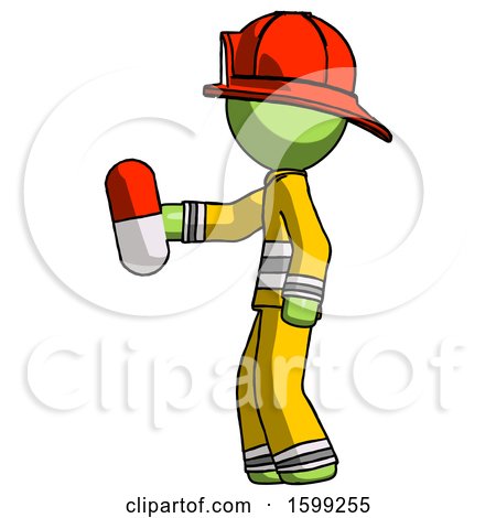 Green Firefighter Fireman Man Holding Red Pill Walking to Left by Leo Blanchette