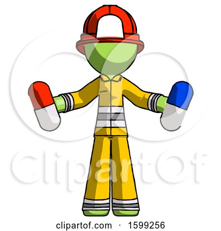 Green Firefighter Fireman Man Holding a Red Pill and Blue Pill by Leo Blanchette