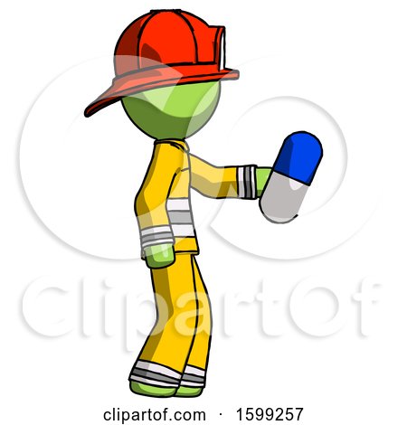 Green Firefighter Fireman Man Holding Blue Pill Walking to Right by Leo Blanchette