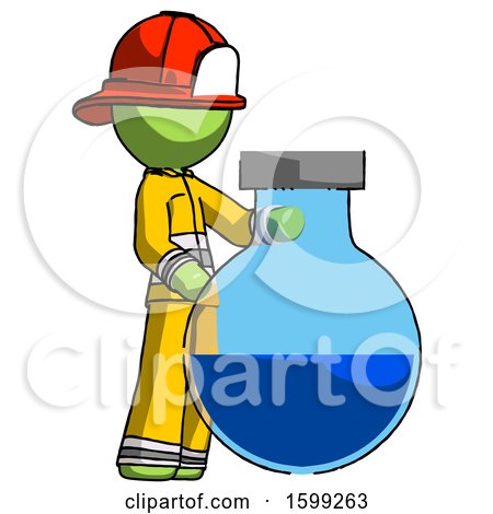 Green Firefighter Fireman Man Standing Beside Large Round Flask or Beaker by Leo Blanchette