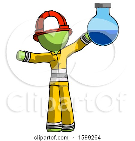 Green Firefighter Fireman Man Holding Large Round Flask or Beaker by Leo Blanchette