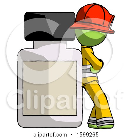 Green Firefighter Fireman Man Leaning Against Large Medicine Bottle by Leo Blanchette