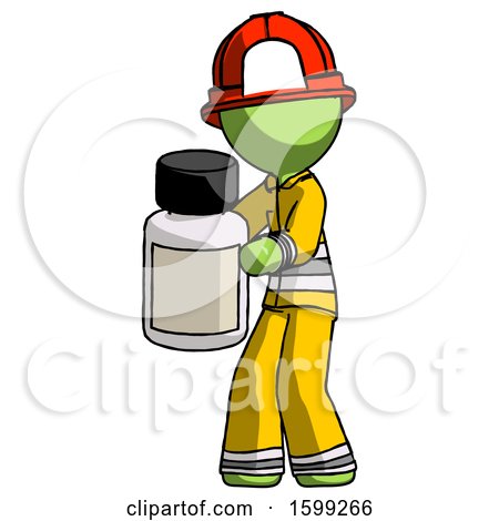 Green Firefighter Fireman Man Holding White Medicine Bottle by Leo Blanchette