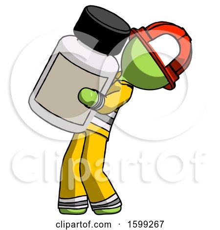 Green Firefighter Fireman Man Holding Large White Medicine Bottle by Leo Blanchette