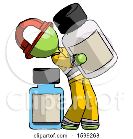 Green Firefighter Fireman Man Holding Large White Medicine Bottle with Bottle in Background by Leo Blanchette