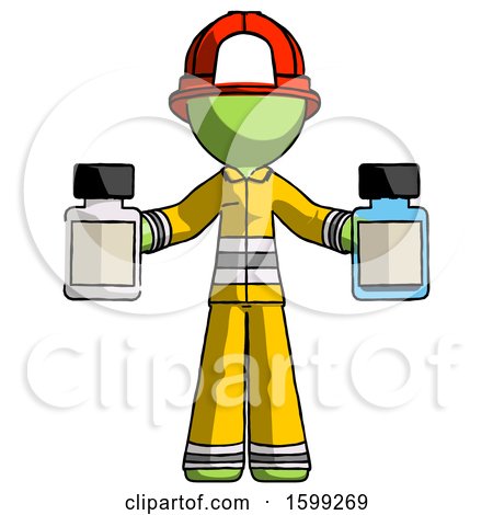 Green Firefighter Fireman Man Holding Two Medicine Bottles by Leo Blanchette