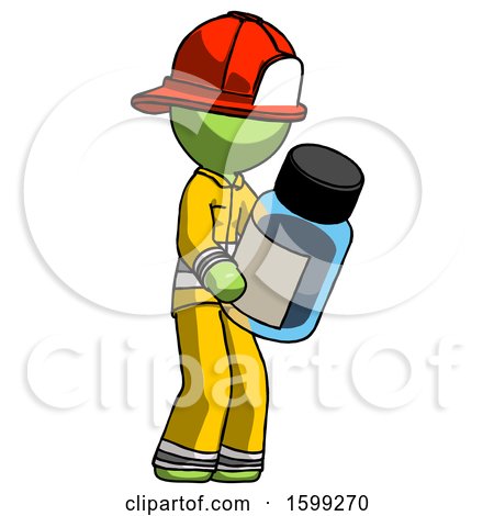 Green Firefighter Fireman Man Holding Glass Medicine Bottle by Leo Blanchette