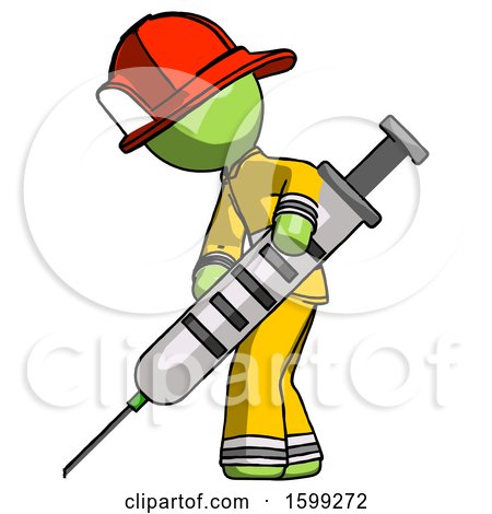 Green Firefighter Fireman Man Using Syringe Giving Injection by Leo Blanchette