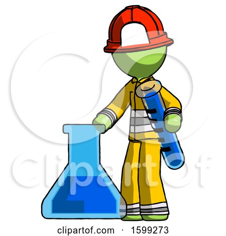 Green Firefighter Fireman Man Holding Test Tube Beside Beaker or Flask by Leo Blanchette
