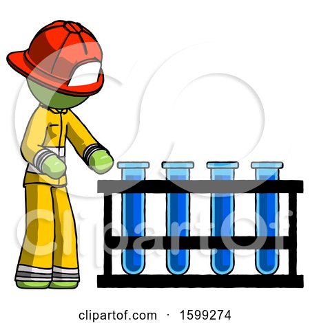 Green Firefighter Fireman Man Using Test Tubes or Vials on Rack by Leo Blanchette