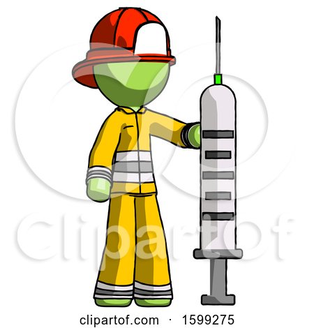 Green Firefighter Fireman Man Holding Large Syringe by Leo Blanchette