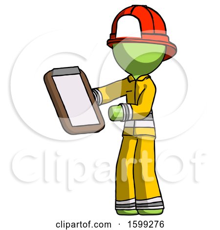 Green Firefighter Fireman Man Reviewing Stuff on Clipboard by Leo Blanchette