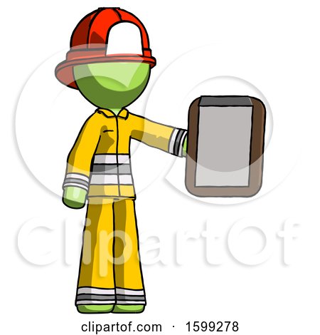 Green Firefighter Fireman Man Showing Clipboard to Viewer by Leo Blanchette