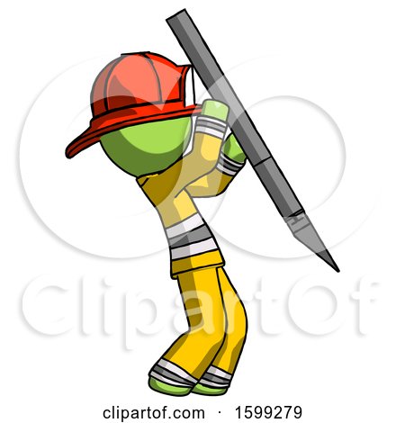 Green Firefighter Fireman Man Stabbing or Cutting with Scalpel by Leo Blanchette