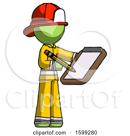 Green Firefighter Fireman Man Using Clipboard and Pencil by Leo Blanchette