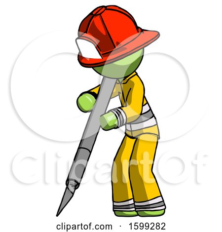 Green Firefighter Fireman Man Cutting with Large Scalpel by Leo Blanchette