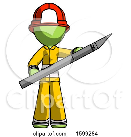 Green Firefighter Fireman Man Holding Large Scalpel by Leo Blanchette