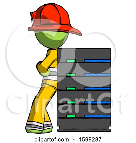 Green Firefighter Fireman Man Resting Against Server Rack by Leo Blanchette