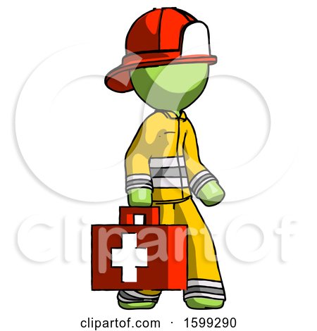 Green Firefighter Fireman Man Walking with Medical Aid Briefcase to Right by Leo Blanchette
