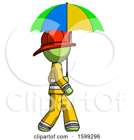 Green Firefighter Fireman Man Walking with Colored Umbrella by Leo Blanchette